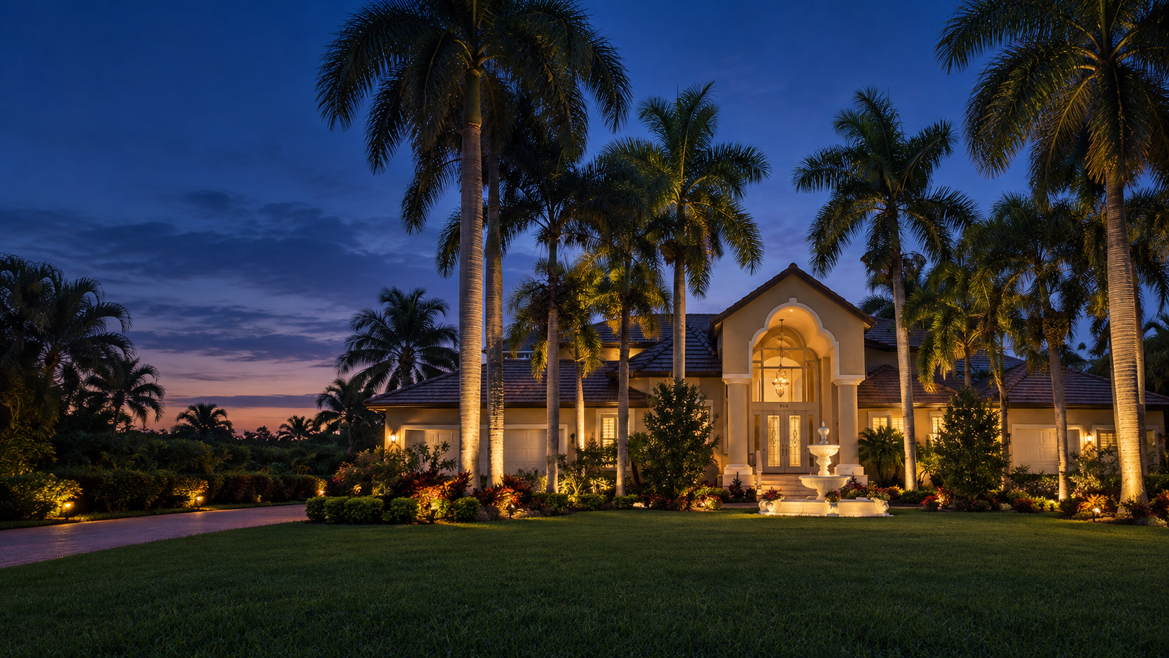 Florida-style residence framed by palm trees