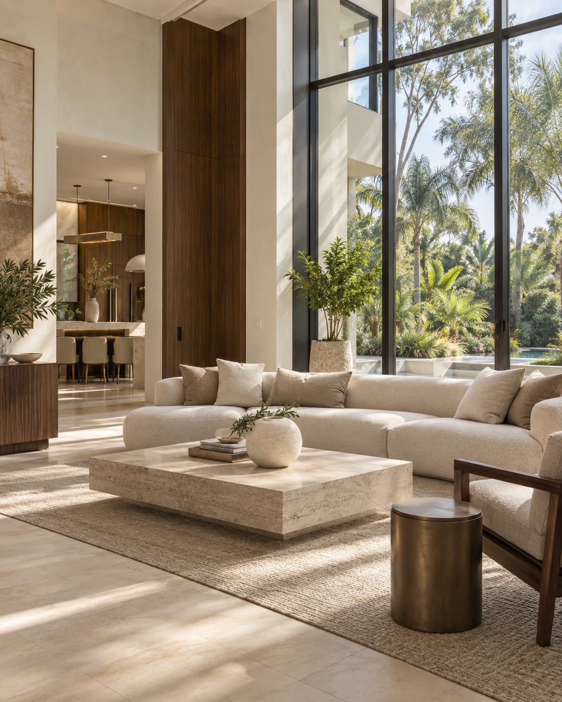 Elegant living room with natural stone, walnut finishes and garden views